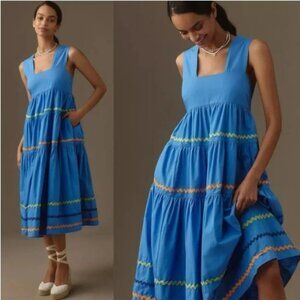 Anthropologie The Helena Square-Neck Tiered Midi Dress Smocked‎ Scallop Sundress